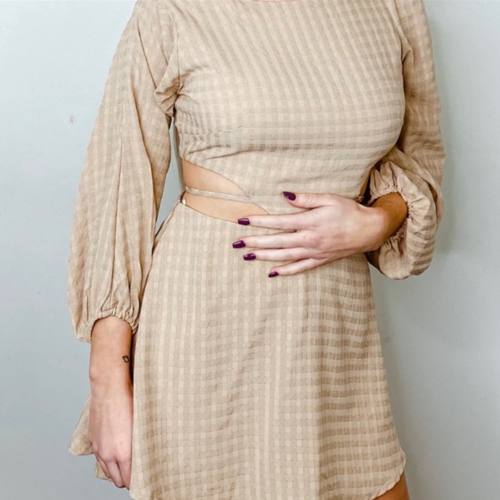 Gingham Beige Long Sleeve Mini Dress